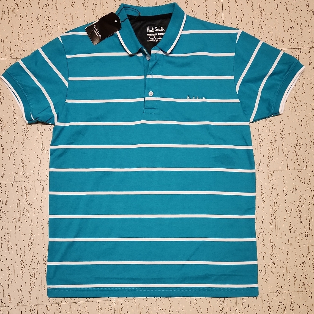 Paul Smith 1/4 Button Down Polo Stripe Dress Shirt Blue And White